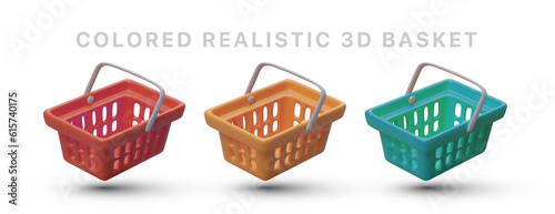 Collection of isometric plastic baskets with handles. Plasticine style shopping carts. Icons for sites, social networks, applications. Empty colored boxes with holes