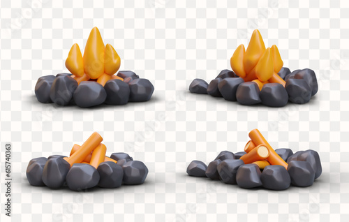 Stages of making campfire. Preparation of fireplace. Breeding fire. Safety camping rules. Set of 3D vector illustrations for educational and tourist sites