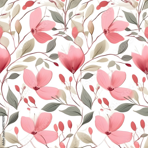 Pink floral seamless pattern of blooming flowers. AI illustration. Design for fabric luxurious and wallpaper  vintage style. Hand drawn floral  pattern. Botany garden.