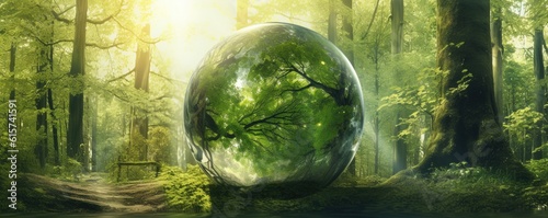 Glass sphere in the forest, grass and sun