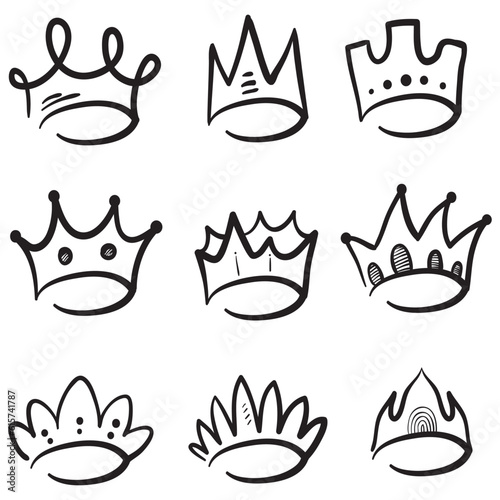 Doodle crowns. Line art king or queen crown sketch, fellow crowned heads tiara, beautiful diadem and luxurious decals vector illustration set. Royal head accessories linear collection