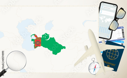 Turkmenistan map and flag, cargo plane on the detailed map of Turkmenistan with flag.