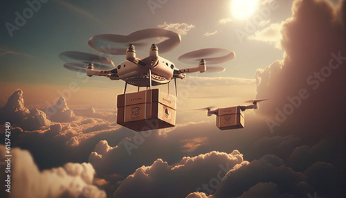 Lieferung von Waren per Drohne, Luftfracht Stadt Zustellung schnell umweltschonend und regenerative Lieferdienste, Generative AI 