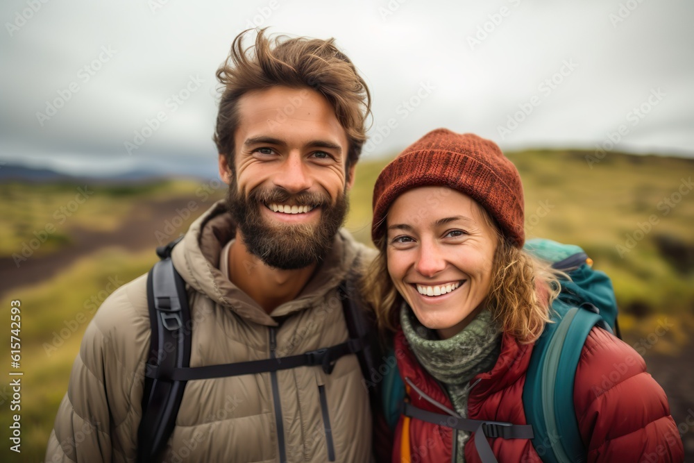 AI generated image of couple selfie in mountains
