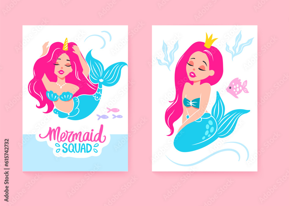 Cute Mermaids with Pink Hair and Blue Tail Vector Cards. Baby Print Illustrations for Nursery, Party Decoration. Cute Mermaids with Pink Hair and Blue Tail Vector Cards. Baby Print Illustrations for Nursery, Party Decoration.