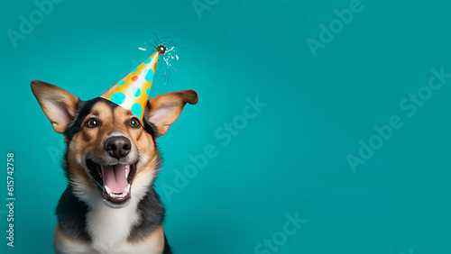 Fotografia Happy Funny dog wearing a party hat, birthday celebration card
