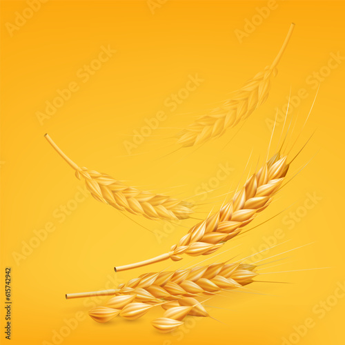 Realistic 3D vector illustration of falling golden wheat on a yellow background. Great for autumn and rural themes, as well as bakery and food designs. Ripe wheat in motion