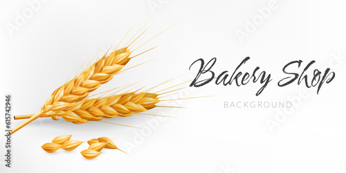 Realistic 3D vector illustration of a golden ear of wheat on a white background. Perfect for bakery shops, agriculture related designs. Represents autumn harvest, natural ingredients, healthy food photo