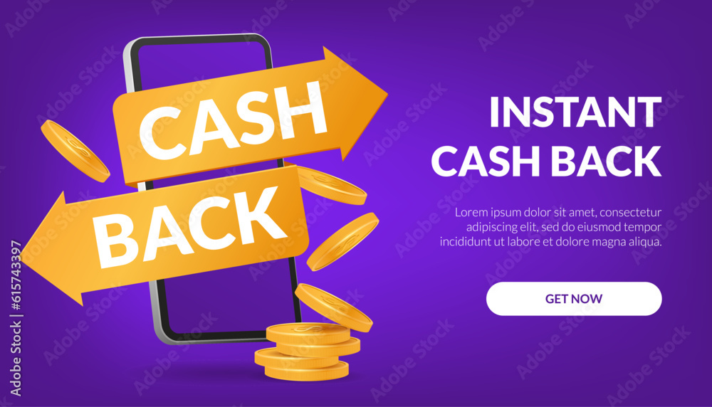 3D vector image with a golden cashback symbol, representing instant cashback satisfaction. Perfect for banners, promotions, and retail businesses. Features a pile of golden coins