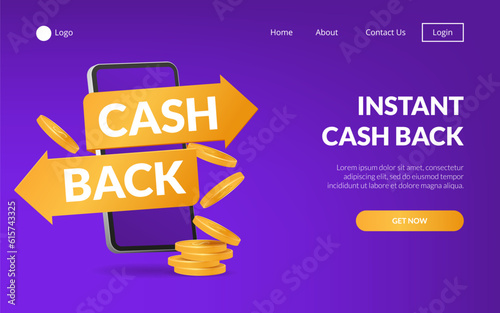 Instant cashback, web banner concept on a mobile app. Ideal for banners, promotions, and online businesses. Illustration of a smartphone symbolizing convenient and secure cashback transactions.