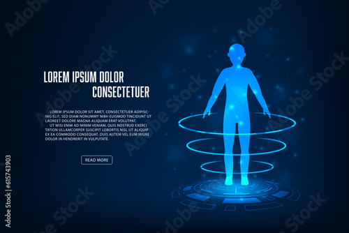  Vector human hologram with medical science concept. Technology graphic of MRI scan interface.
