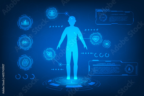 Vector medical science concept. Technology graphic human hologram of MRI scan interface.