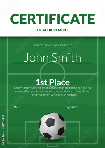 A 3D football ball vector illustration on a green field with on a certificate template. Celebrate success and achievement in soccer. Diploma perfect for awarding athletes and teams ©  Tati. Dsgn