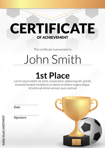 A vector illustration of a football certificate template with a golden trophy. Perfect for recognizing success, first place achievement, and appreciation in football. Ideal for award ceremonies