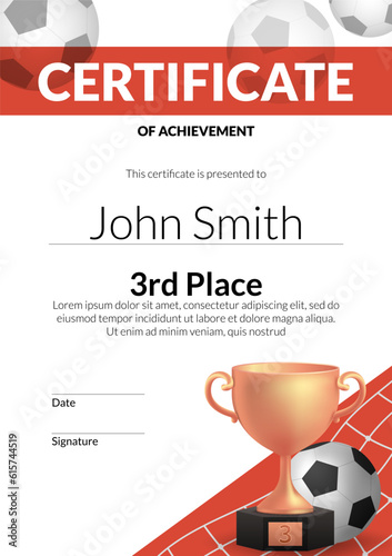 Vector illustration of a bronze football trophy on a certificate background, symbolizing achievement and recognition for third place. Perfect for sports championships, graduation events, and award 