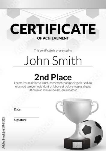 A vector illustration of a football certificate template with a silver trophy. Perfect for recognizing success, second place achievement, and appreciation in football. Ideal for award ceremonies