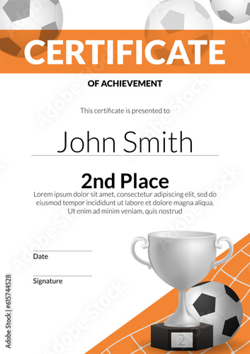 Vector illustration of football golden cup, certificate background in modern design as prize for 2nd place achievement in sports tournament, diploma signifying player's success and appreciation
