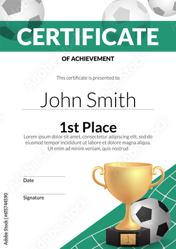 Vector illustration of a football golden cup trophy on a certificate template, representing achievement and recognition. Diploma for sports championships, graduation events, and award ceremonies