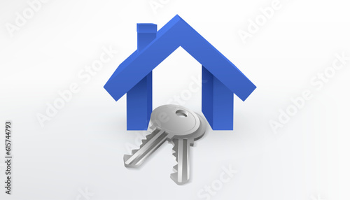 3D illustration of a blue house with realistic silver metal key. Perfect for real estate, property, and housing projects. Includes concepts of security, safety, and success