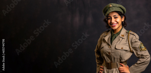a smiling young woman wearing engineer clothes in dark orange background generative ai