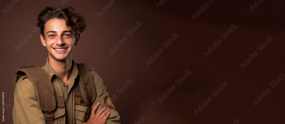 Obraz premium a smiling young men wearing army clothes in dark brown background generative ai