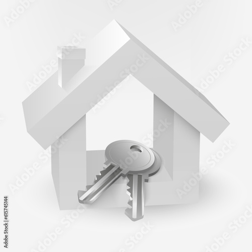 3D illustration of a white house with realistic silver metal key. Perfect for real estate, property, and housing projects.