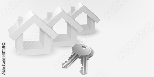 3D vector image of a real estate white house, realistic silver keys . Illustrates property purchase, investment, mortgage, home buying process, and revenue generation. Perfect for real estate