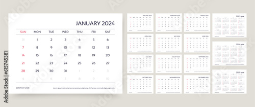 Wallpaper Mural Calendar for 2024 year. Planner template. Week starts Sunday. Monthly calender organizer. Desk schedule grid with 12 month. Corporate yearly diary layout. Horizontal simple agenda. Vector illustration Torontodigital.ca