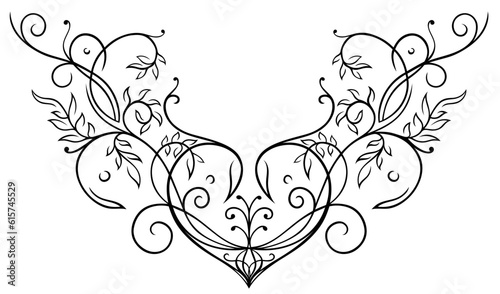 Filigranes Blumen Ornament mit Herz und Blättern. Tribal Ranke mit Schnörkeln.