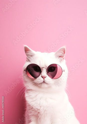 Minimal animal concept, hipster cat portrait with trendy retro sunglasses. Cute grumpy white cat on a pink background. Illustration. Generative AI.