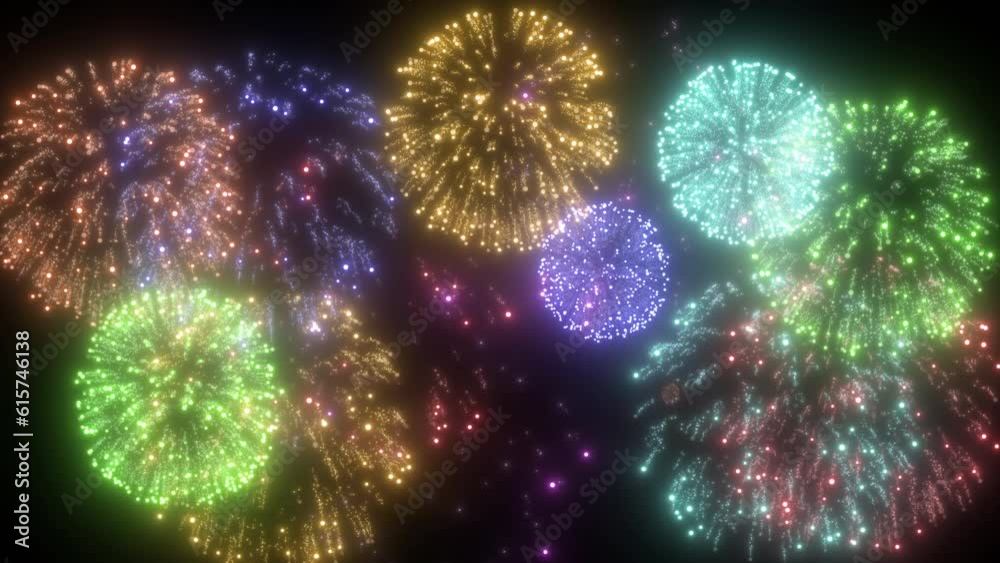 Colorful fireworks effect animation on black background.