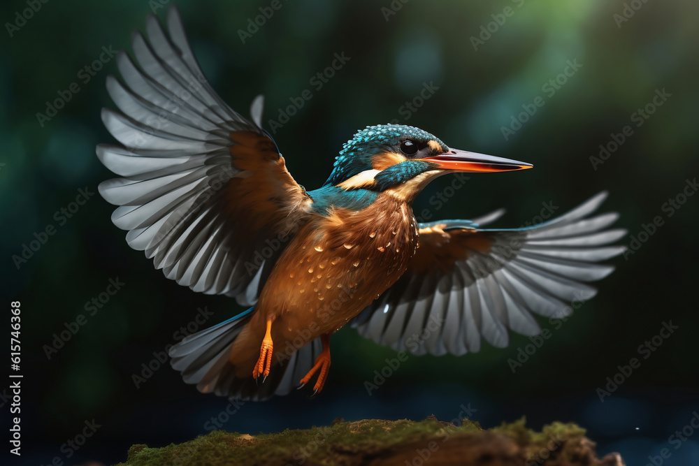 Fototapeta premium Common Kingfisher (Alcedo atthis) in flight. (AI generated)