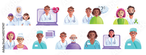 3D doctor patient icon set, medical vector clinic cartoon character, professional diverse team. Healthcare insurance therapy, online hospital service, muslim nurse woman. Doctor patient ambulance
