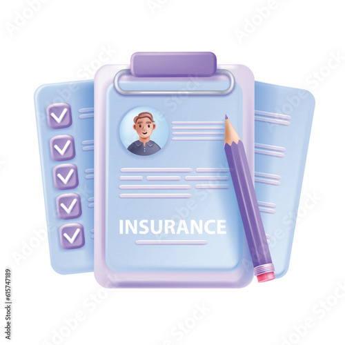 3D insurance icon, travel life medical policy, vector clipboard check mark secure hospital document. Personal emergency protection concept, urgent healthcare agreement. 3D insurance illustration