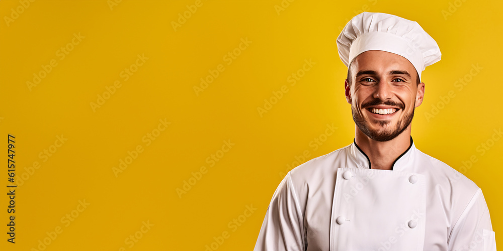 Portrait of a smiling brunette male chef isolated on solid yellow background. Banner, copy space Portrait of a smiling brunette male chef isolated on solid yellow background. Banner, copy space