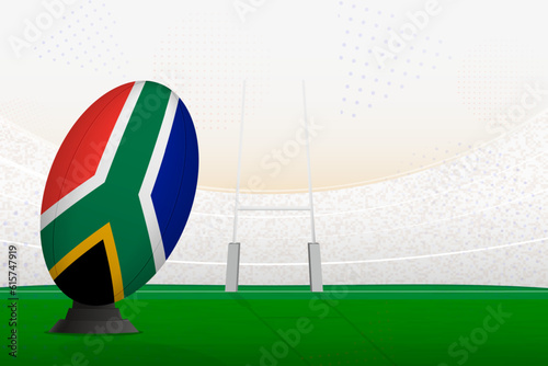 South Africa national team rugby ball on rugby stadium and goal posts, preparing for a penalty or free kick.