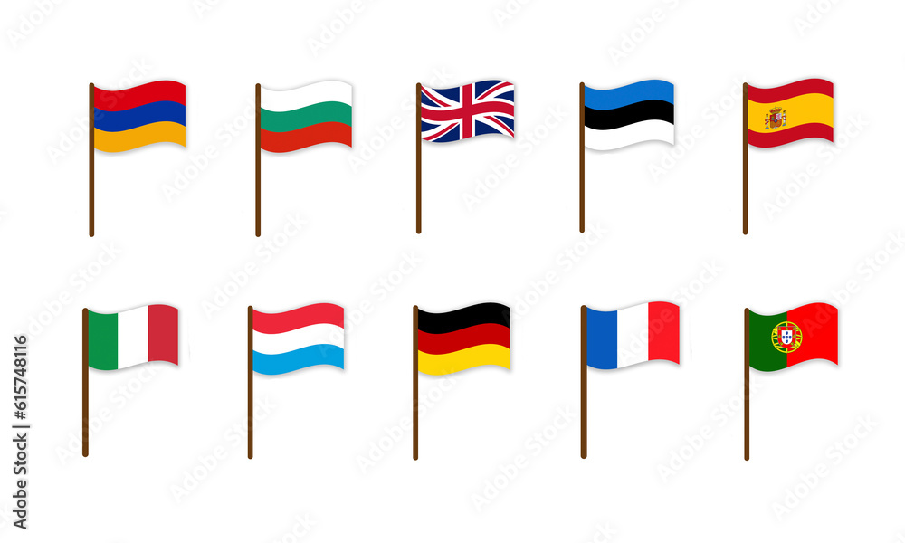 Set of flags of European countries on stick isolated on white background Set of flags of European countries on stick isolated on white background