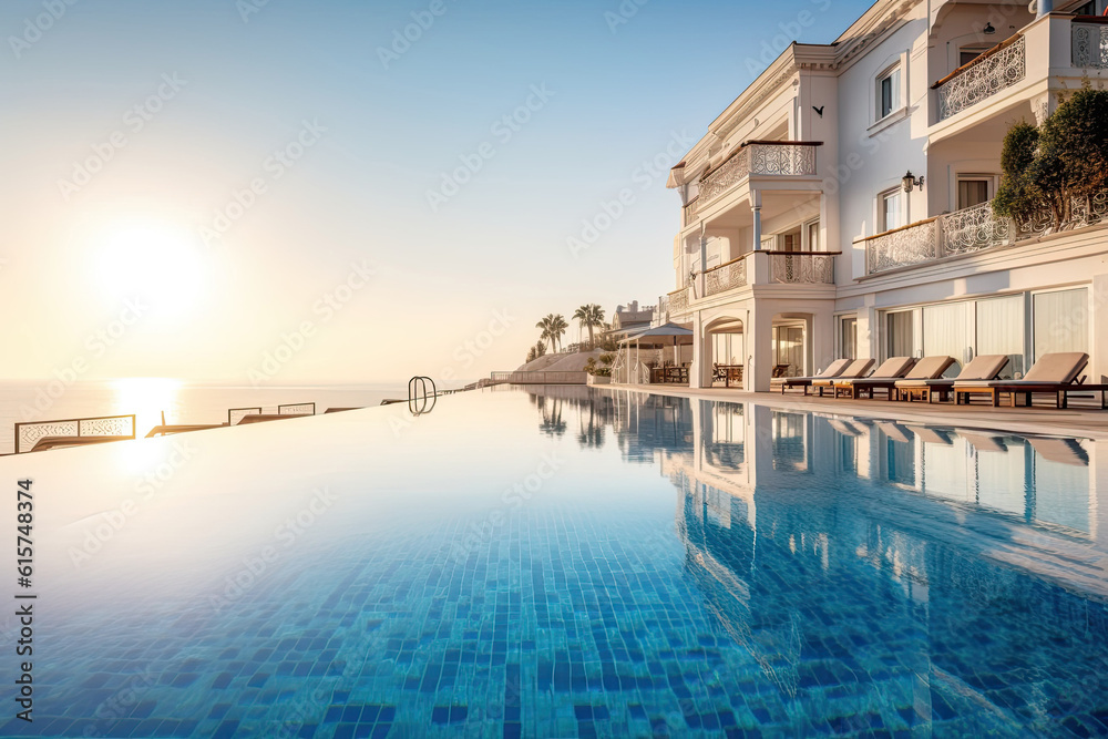 Outdoor Swimming pool of luxury hotel resort near the sea, Generative AI