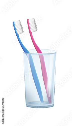 A realistic 3D vector image featuring a pair of toothbrushes in a glass cup. Set against a blank background, this dental hygiene concept promotes clean and healthy teeth. Ideal for dental care