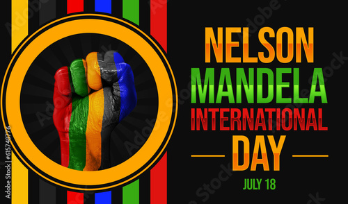 Nelson Mandela International Day background design with colorful shapes and painted fist. July 18 is celebrated as Nelson Mandela day, backdrop