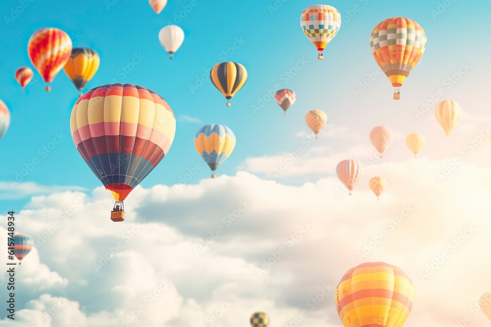 Fototapeta premium Colorful hot air balloons with tourists, traveling through the sky. Ai generated.