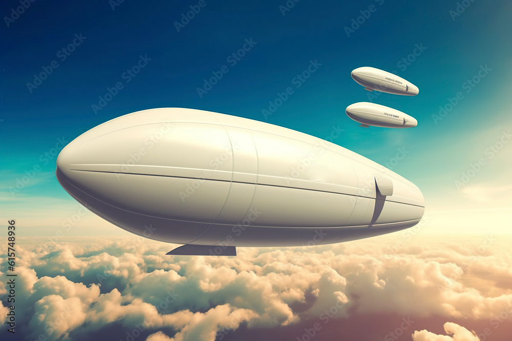 Obraz premium Conceptual design of future airships, zeppelins soaring through the air. Ai generated.