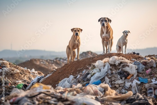 a group of stray dogs searches for food among the discarded waste in a dump, highlighting the plight of abandoned animals.