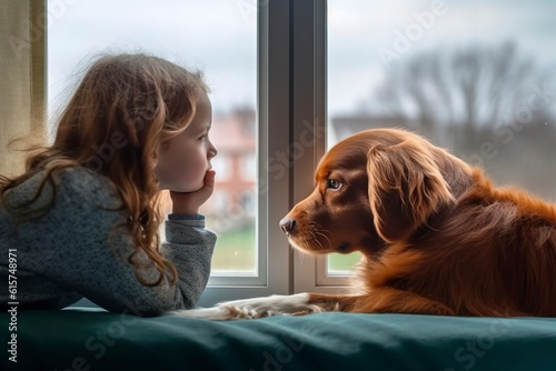 A girl rests in her room with her pet, a large dog.