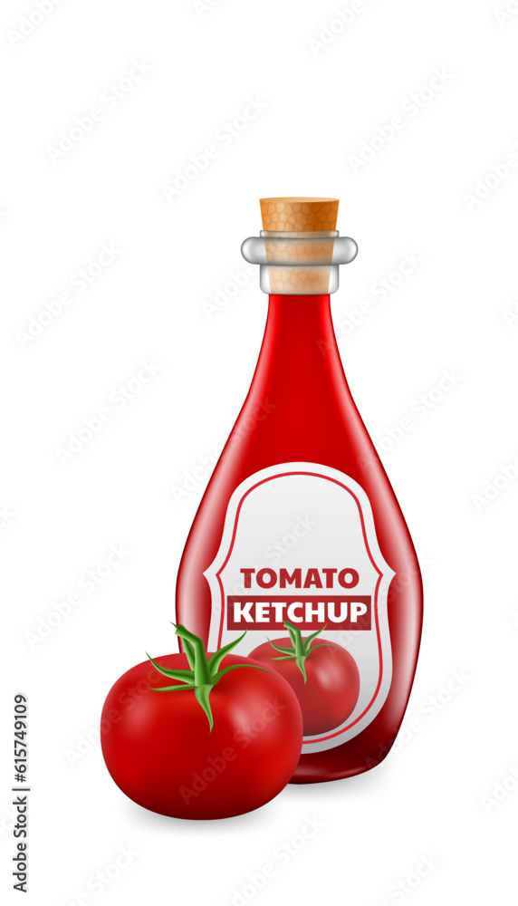 3D vector illustration of a realistic tomato and a bottle of flavorful ketchup. Fresh and juicy tomato and the glass bottle, perfect for backgrounds, menus, and packaging designs 3D vector illustration of a realistic tomato and a bottle of flavorful ketchup. Fresh and juicy tomato and the glass bottle, perfect for backgrounds, menus, and packaging designs