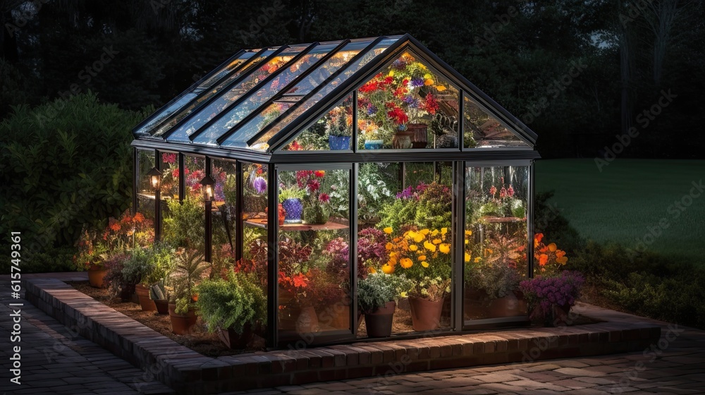 A serene glass greenhouse filled with lifelike glass flowers, their intricate textures and vibrant colors bringing a touch of elegance to the botanical setting. Generative AI. 