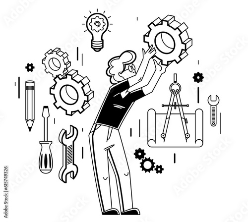 Mechanic engineer working on a draft plan vector illustration, inventor or repair job, engineering machine industry, system technician.