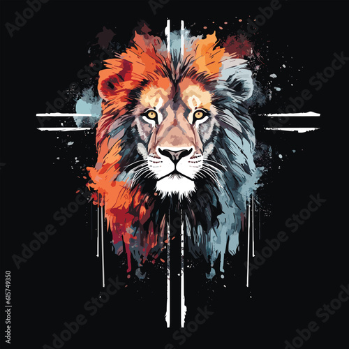 Vintage symbol lion head and cross in tattoo style Emblem, t-shirt graphic. Vector illustration.