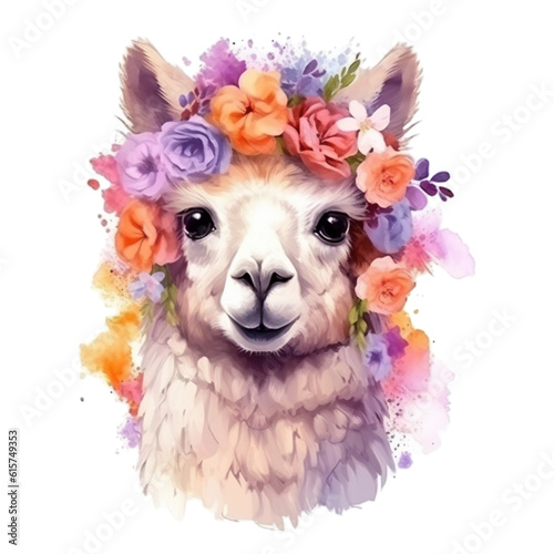 Cute alpaca with a flower, watercolor illustration. Generative ai