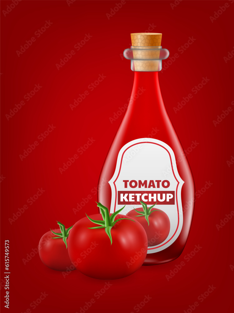 Realistic 3D vector illustration featuring a glass bottle of delicious and fresh tomato ketchup. Perfect for food, snack, or beverage related designs. For mockups or showcasing tomato ketchup Realistic 3D vector illustration featuring a glass bottle of delicious and fresh tomato ketchup. Perfect for food, snack, or beverage related designs. For mockups or showcasing tomato ketchup